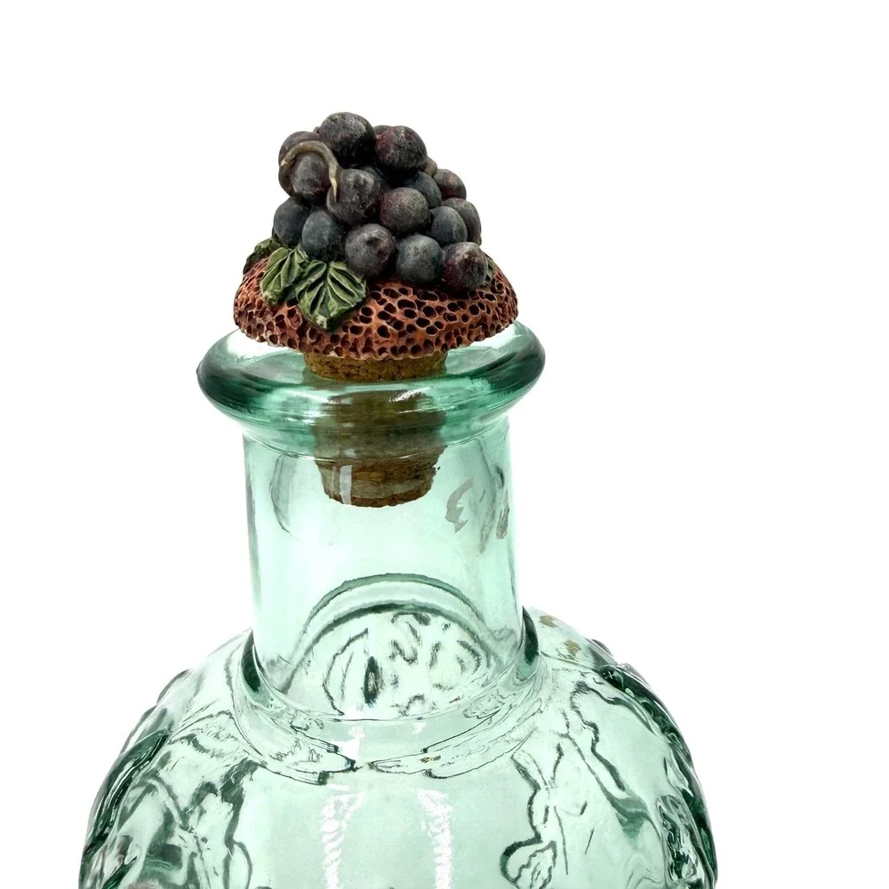 Vintage Style Green Embossed Floral Glass‎ Bottle with Grape Stopper Made Canada